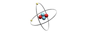 Helium atom med to protoner (røde) og to neutroner (blå) i kernen, og to gule elektroner kredsende udenom.