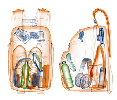 I lufthavne kontrolleres  håndbagage ved hjælp af røntgen.