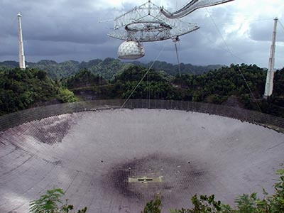 Verdens største radioteleskop er 305 m i diamater. Arecibo observatorium, Puerto Rico.
